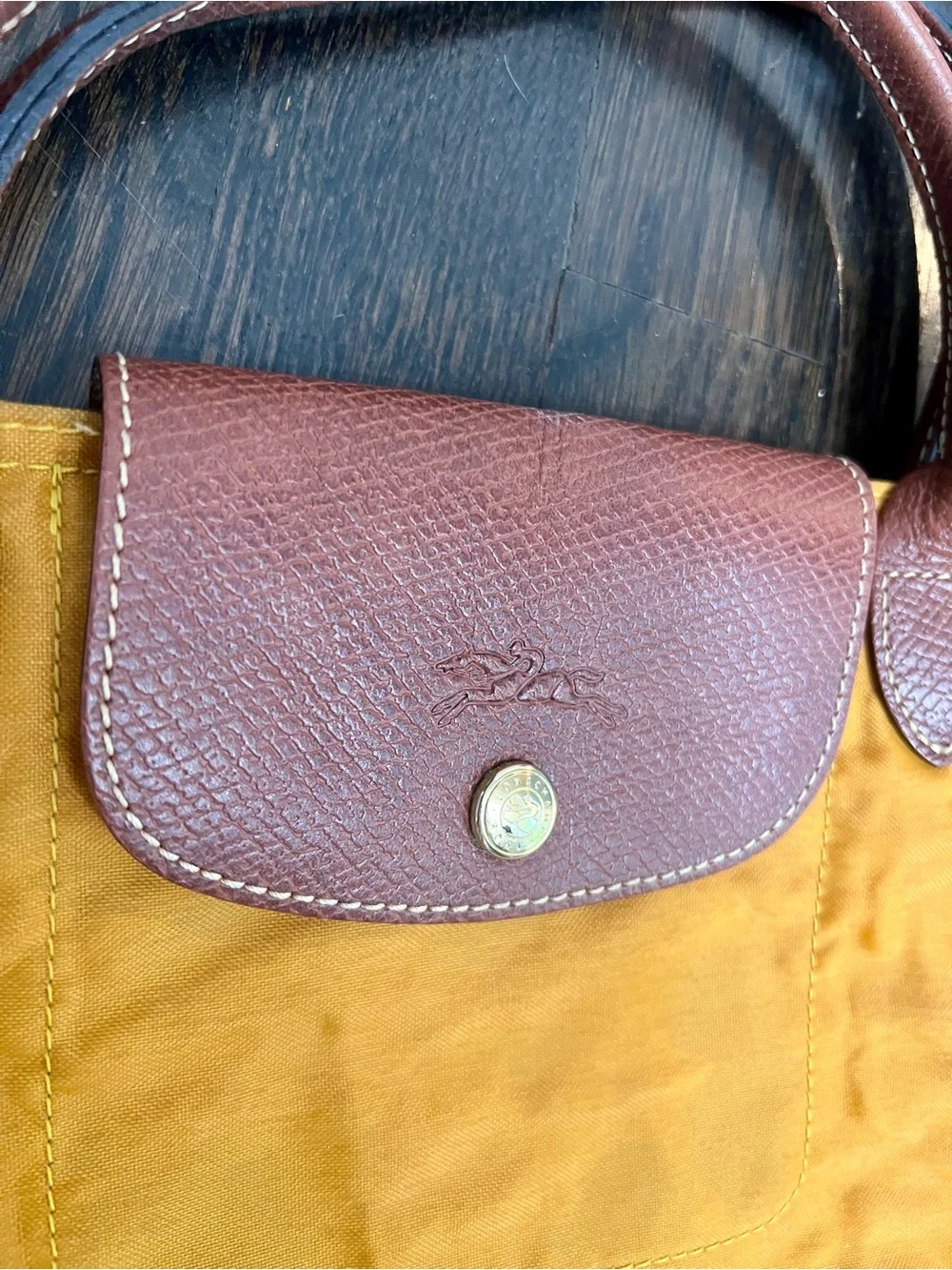 Longchamp Le Pliage Large Tote Mustard Yellow Brown Leather Foldable Bag